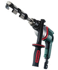 Heavy Duty One Half Inch High Torque Drill With Solid Six Point Seven Amp Motor And Wide Speed Range From Zero To Six Hundred Fifty Rpm side view showing drill with auger bit.