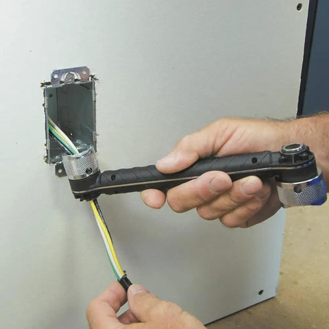 Conduit Locknut Wrench For One Half Inch And Three Quarter Inch Connectors With Direct Drive Heads used on electrical box