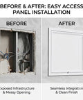 Before and after installation of Solid Galvanized Steel Crawl Space Access Panel With No Fuss Thumb Screw for clean drywall finish.