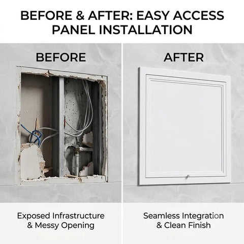 Before and after installation of Solid Galvanized Steel Crawl Space Access Panel With No Fuss Thumb Screw for clean drywall finish.