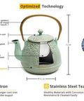 Cast Iron Teapot With Stainless Steel Infuser For Stovetop Brewing, 32 Oz Capacity, Enamel Interior, Leaf Design, Light Green Kettle displayed