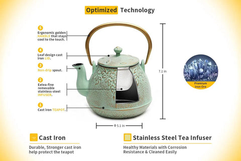 Cast Iron Teapot With Stainless Steel Infuser For Stovetop Brewing, 32 Oz Capacity, Enamel Interior, Leaf Design, Light Green Kettle displayed