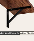 Pro Level Floating Wall Shelves Featuring Ridiculously Strong Metal Brackets And Zero Sag Particleboard Design For Bedroom Storage Or Bathroom Display Plus Straight Up Easy Hanging That Holds Up To 22 Pounds With Ease, showing thick metal frame and wood finish.