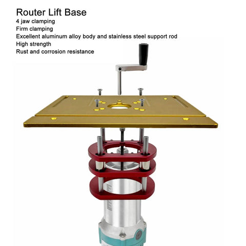 4 Jaw Router Lift And Clamping Platform For Router Table - Pro Grade Lifting System With 51mm Lift, 64-66mm Fit, Aluminum Alloy Body, Stainless Rod, Rust Resistant, Red Finish, gold top view