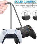 Two Pack 5ft USB C Controller Charger Cables for DualSense, Xbox Series X S Core, Elite Series 2, and Switch, held by hand
