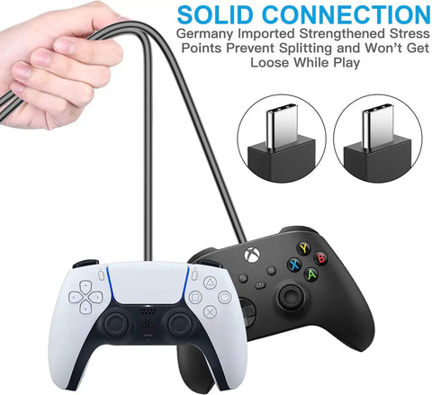 Two Pack 5ft USB C Controller Charger Cables for DualSense, Xbox Series X S Core, Elite Series 2, and Switch, held by hand