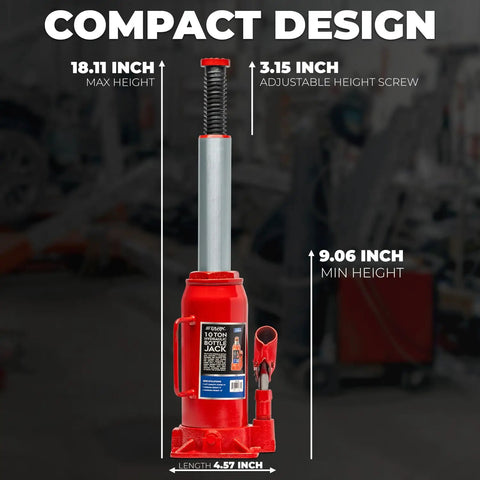 Heavy Duty Ten Ton Hydraulic Bottle Jack Featuring An Adjustable Saddle And Ultra Low Profile Base for compact lifting measurements