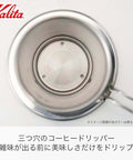Top view of a metal coffee dripper with perforated cone, showing attachment point, labeled Kalita in Japanese text, silver color.