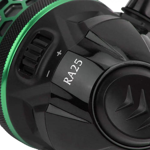 Close-up of a spincast fishing reel, showing RA25 label, 4.1 to 1 gear ratio, closed face design, durable ABS and metal build.