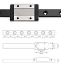 450mm Linear Rail Kit with beefed up steel carriage block, diagram view of guide rail with measurements, blackened finish