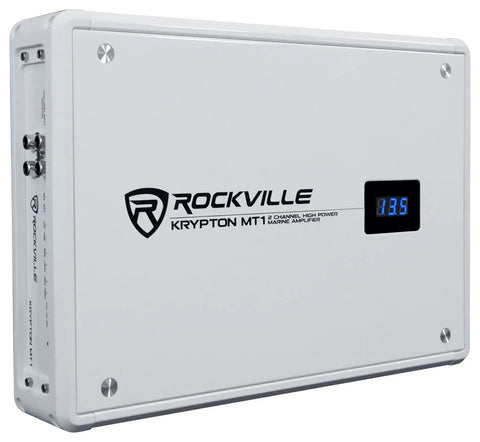Krypton MT1 2 Channel Marine Amplifier With Volt Meter For Boats, 1600W Peak And 400W RMS, Waterproof Marine Grade Build, Rustproof Aluminum Chassis, Great For Subwoofers Or Full Range Speakers On The Water. White amp with blue volt meter.