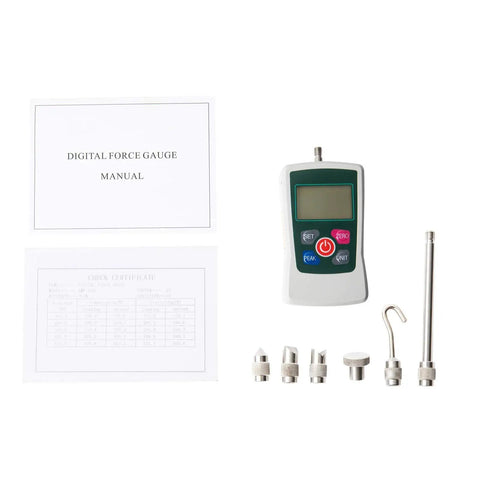 Digital Force Gauge 500N With Four Units N Lb Kg Oz, Three Modes, accessories, manual, and calibration certificate