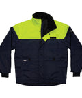 Heavy Duty Insulated Freezer Jacket Tailored To Brutal Cold Storage Jobs in navy and neon with fleece collar and pockets.