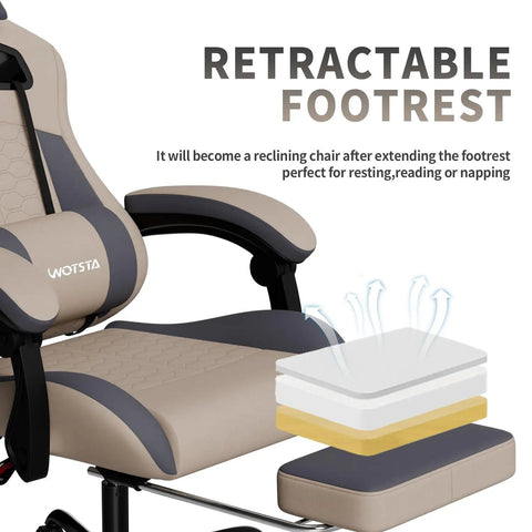Gaming Chair With Massage And Footrest Ergonomic PC Gaming Chair With Headrest And Lumbar Support High Back Design 300 Lb Weight Capacity Gray Easy Height And Recline Control From 90 To 135 Degrees pictured with retractable footrest