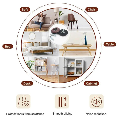 Furniture Sliders With Screws, 20 Pack Teflon Glides for carpet, tile, and hardwood floors shown in use on various furniture types