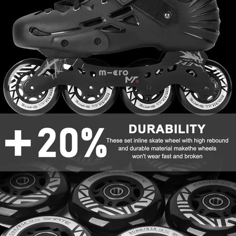 Inline skate with 80mm 85A PU wheels displaying durability, featuring Eight Pack Inline Skate Wheels Set 72mm 76mm 80mm With ABEC9 Bearings.