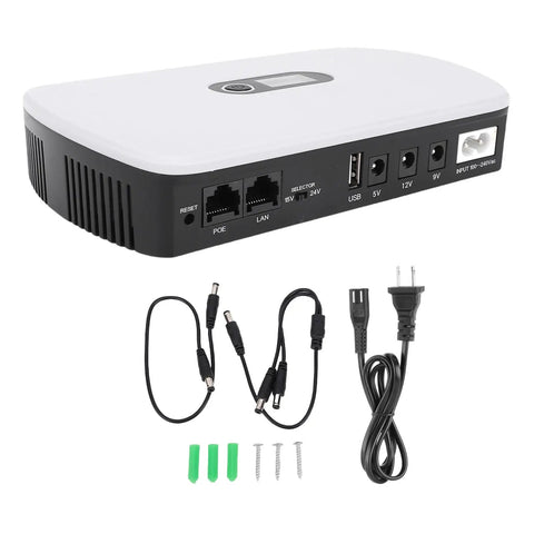 Portable Ups Battery Backup 10400 Mah With Lcd Screen For Routers Modems And Network Gear showing ports, cables, and connectors.