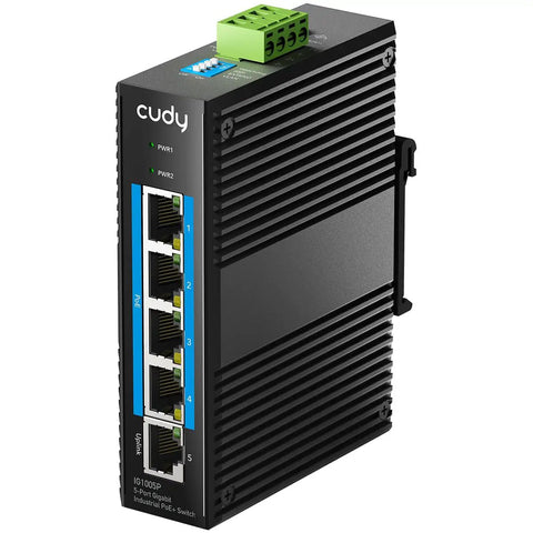 Rugged Five Port Gigabit PoE Industrial Switch For DIN Rail Mounting IP40 Rated; front view showing Ethernet ports and connectors.