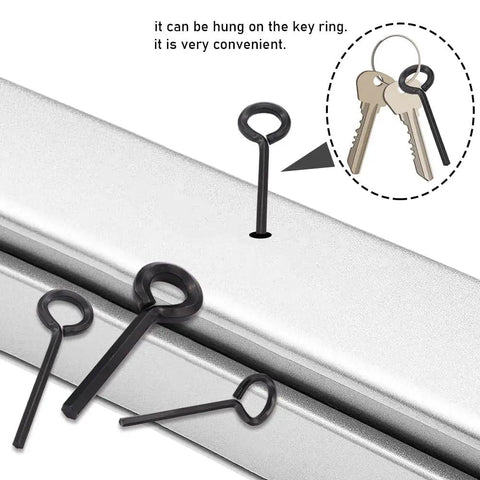 15 Piece Black Hex Dogging Key Kit With Full Loop attached to metal bar, keys hanging on loop, includes 1/8, 5/32, 7/32 sizes