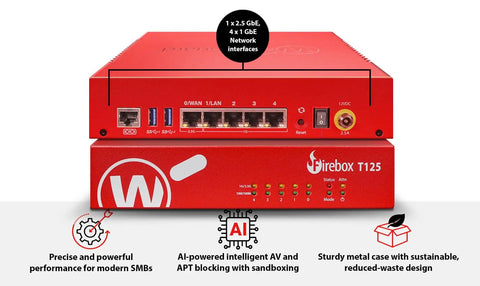 Upgrade to Firebox T125W Firewall With WiFi 7, 3 Year Total Security Suite, Two and a Half Gb Port Plus Four One Gb Ports front view