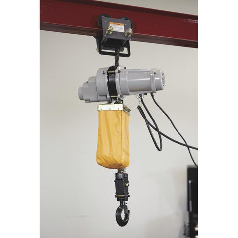 Electric Hoist For One Ton Load, Nine Point Eight Feet Lift, 110V Power, Remote Control With Emergency Stop mounted on beam