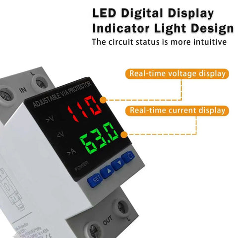 Voltage Protector For Home And Office Electronics 110V 220V AC And DC 80 To 300V, 1 To 63A Adjustable Smart Circuit Breaker With Overvoltage And Undervoltage Cutoff, DIN Rail Mount, Two Pack Keeps Your Gear Safe, LED display model