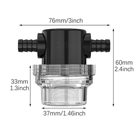 Front view of Go-To Inline Water Pump Filter 3/8 Inch Hose Barb For Sprayers And High Pressure Cleaners Stainless Steel Screen.