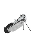 Ultra Compact Three Way Stand Bag For Golfers in black with two manual legs and pockets, side angle view, 2022 model