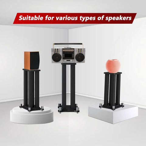 Beefy Heavy Duty Wooden Speaker Stands Pair For Floor Bookshelf And Studio Monitors showcasing speaker compatibility