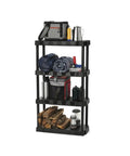 Heavy Duty Four Tier Plastic Storage Shelving Unit In Black, 13.9 Deep By 30 Wide By 56.2 High, Garage shelves with items
