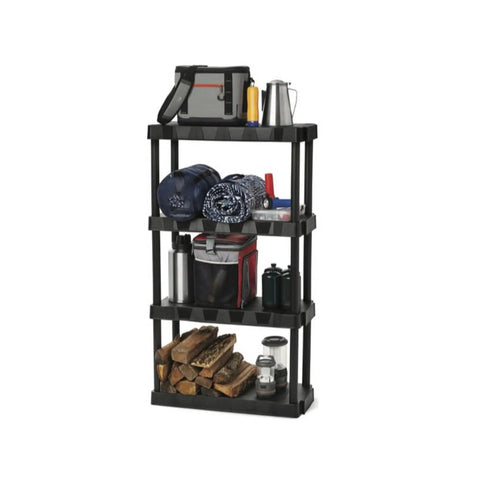 Heavy Duty Four Tier Plastic Storage Shelving Unit In Black, 13.9 Deep By 30 Wide By 56.2 High, Garage shelves with items