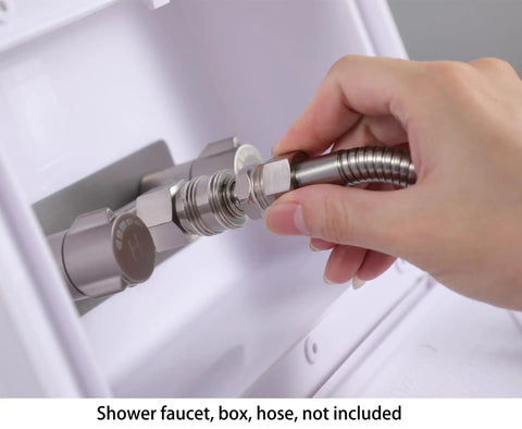 Person connecting RV Exterior Quick Connect Hose Fitting With One Half Inch Shower Hose Adapter And Three Quarter Inch Garden Hose Adapter For Easy Outdoor RV Exterior Shower Faucet Setup Quickly Connect Shower And Garden Hoses In Brushed Nickel