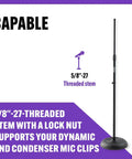 No Fuss Setup Heavy Duty Mic Stand For Live Gig Or Bedroom Studio Adjustable To Sixty Inches With Nonslip Rubber Feet and Standard Threading.