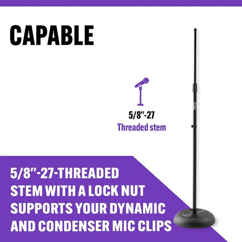 No Fuss Setup Heavy Duty Mic Stand For Live Gig Or Bedroom Studio Adjustable To Sixty Inches With Nonslip Rubber Feet and Standard Threading.