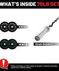 70Lb Bumper Plate Set With Six Point Two Foot Rackable Curl Bar And Two Inch Olympic Weight Plates For General Fitness overview