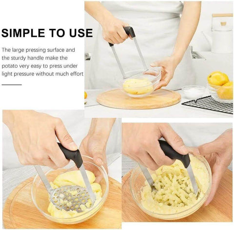 Potato masher with stainless steel blades and black handles; kitchen tool for mashing potatoes
