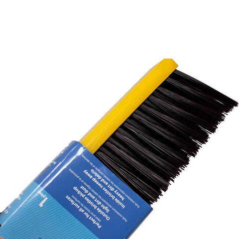 Close-up of Real Deal Heavy Duty Multi Surface Push Broom Featuring Stain Resistant Coarse Polypropylene Bristles and Solid Plastic Block Head.