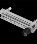 7 Flowmeter With 20 LPM Flow Rate And Handy Control Valve For Oxygen Air And Industrial Gas Measurement Transparent acrylic body on black background, 8mm hose barb