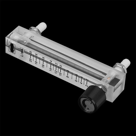 7 Flowmeter With 20 LPM Flow Rate And Handy Control Valve For Oxygen Air And Industrial Gas Measurement Transparent acrylic body on black background, 8mm hose barb