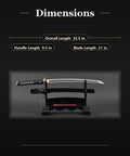 Themed Dragon Wakizashi Iaito Training Sword For Iaido Practice unsharpened aluminum blade dimensions displayed on stand.