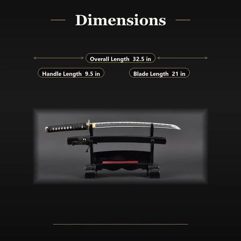 Themed Dragon Wakizashi Iaito Training Sword For Iaido Practice unsharpened aluminum blade dimensions displayed on stand.