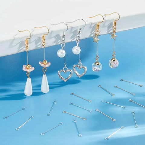 100 Pcs 25mm Brass Eye Pins Open Eye Pins 26 Gauge Double Sided Gold Silver Jewelry Findings For Diy Earrings Necklaces Bracelets Craft Making Durable Brass Construction For Beadwork And Jewelry Projects, shown with handmade earrings