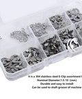 Stainless Steel E Clips And Retaining Rings Kit For Shafts And Housings, 304 stainless steel, 1.5-10 mm diameter assortment