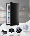 Compact 3.2 Cu Ft Upright Mini Freezer With Smooth Glide Shelves For Stashing Frozen Meats And Beverages In Tight Squeeze Apartments Or Offices Without Any Fuss Or Hassle, featuring reversible door and adjustable foot.