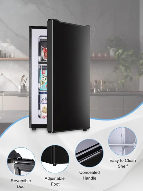 Compact 3.2 Cu Ft Upright Mini Freezer With Smooth Glide Shelves For Stashing Frozen Meats And Beverages In Tight Squeeze Apartments Or Offices Without Any Fuss Or Hassle, featuring reversible door and adjustable foot.