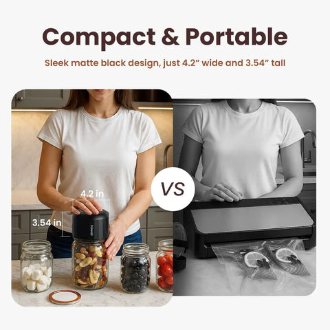 VacuFresh Electric Mason Jar Vacuum Sealer Kit for wide and regular mouth jars shown in use against traditional sealer.