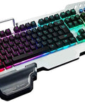 Full Size Mechanical Keyboard And Mouse Combo With Rgb Gaming Backlighting, sleek design, detachable wrist rest for PC gamers.