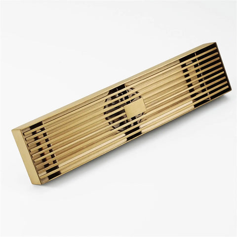 Heavy Duty Rectangular Shower Drain Tile Insert Grate Stainless Steel Removable Hair Catcher Filter in brushed gold finish.
