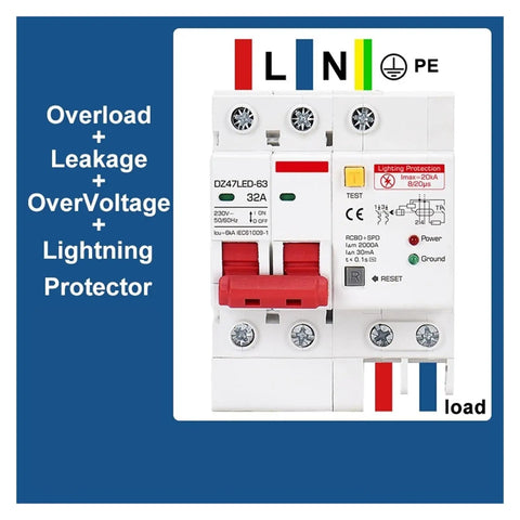 Heavy Hitter Spd Residual Current Breaker With Overload And Lightning Surge Guard 220V AC 32 Amp 30 Ma Trip close-up view