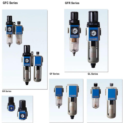 G Series FRL Unit Air Filter Regulator Lubricator Combo for industrial pneumatic systems, assorted models and sizes displayed.
